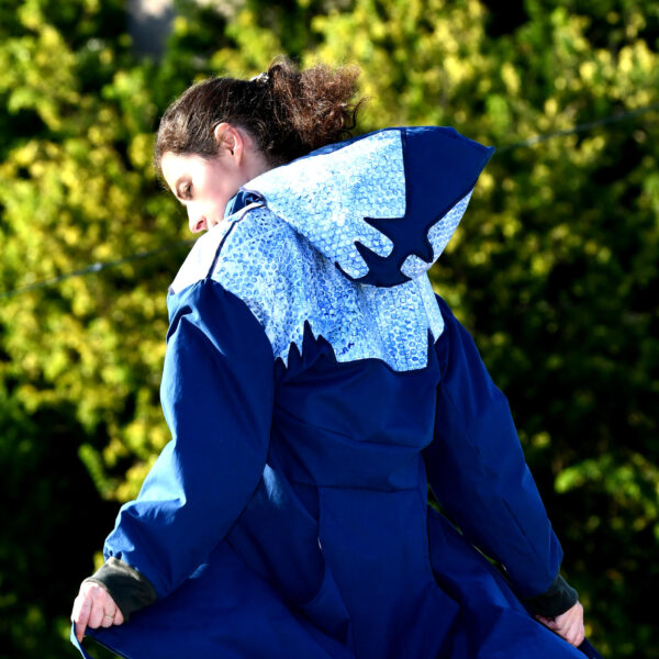 Long coat, sophisticated cut, oversized, with hood